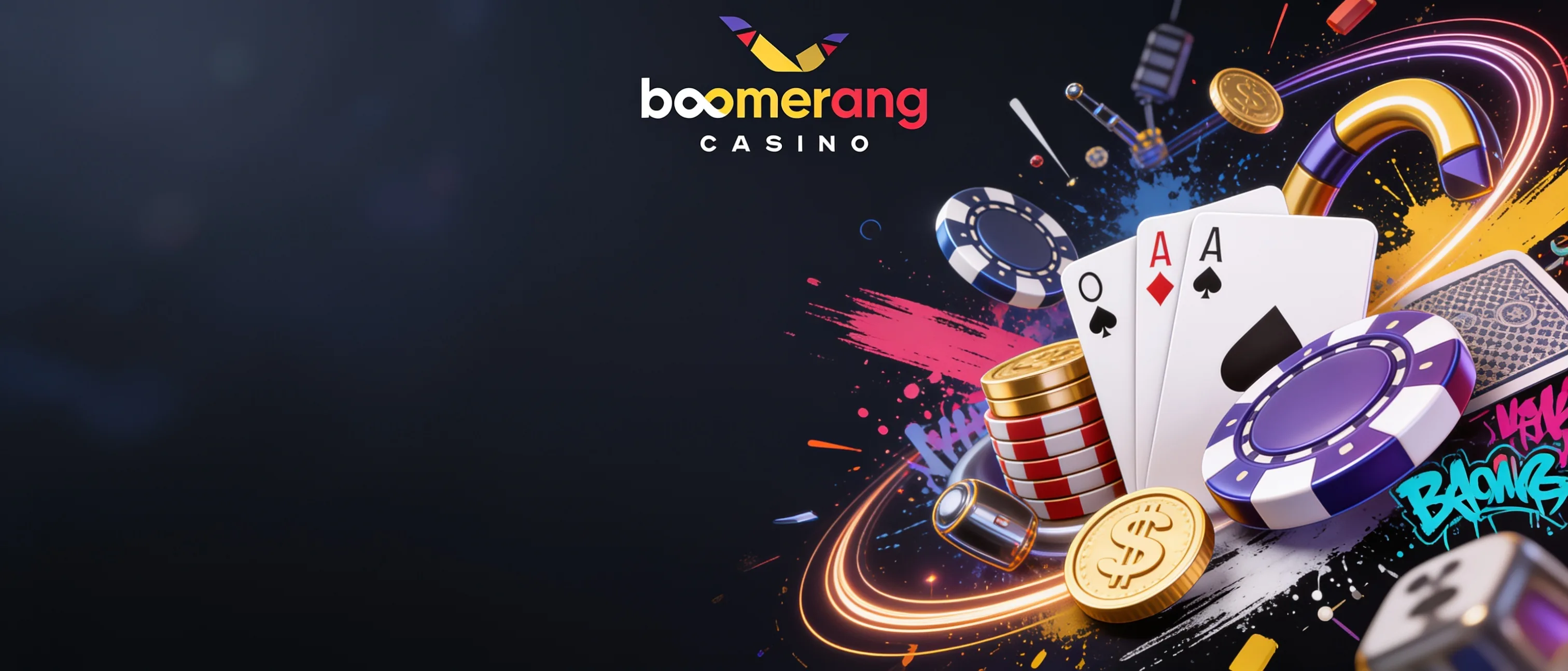 Boomerang Casino Spielwelt mit Karten, Chips und Boomerang