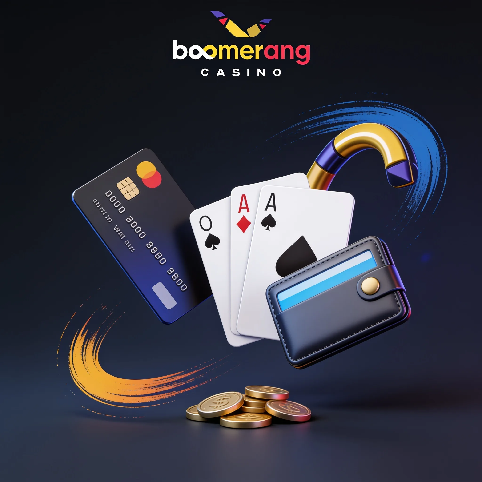 Boomerang Casino Logo über Karte, Wallet und Casinochips